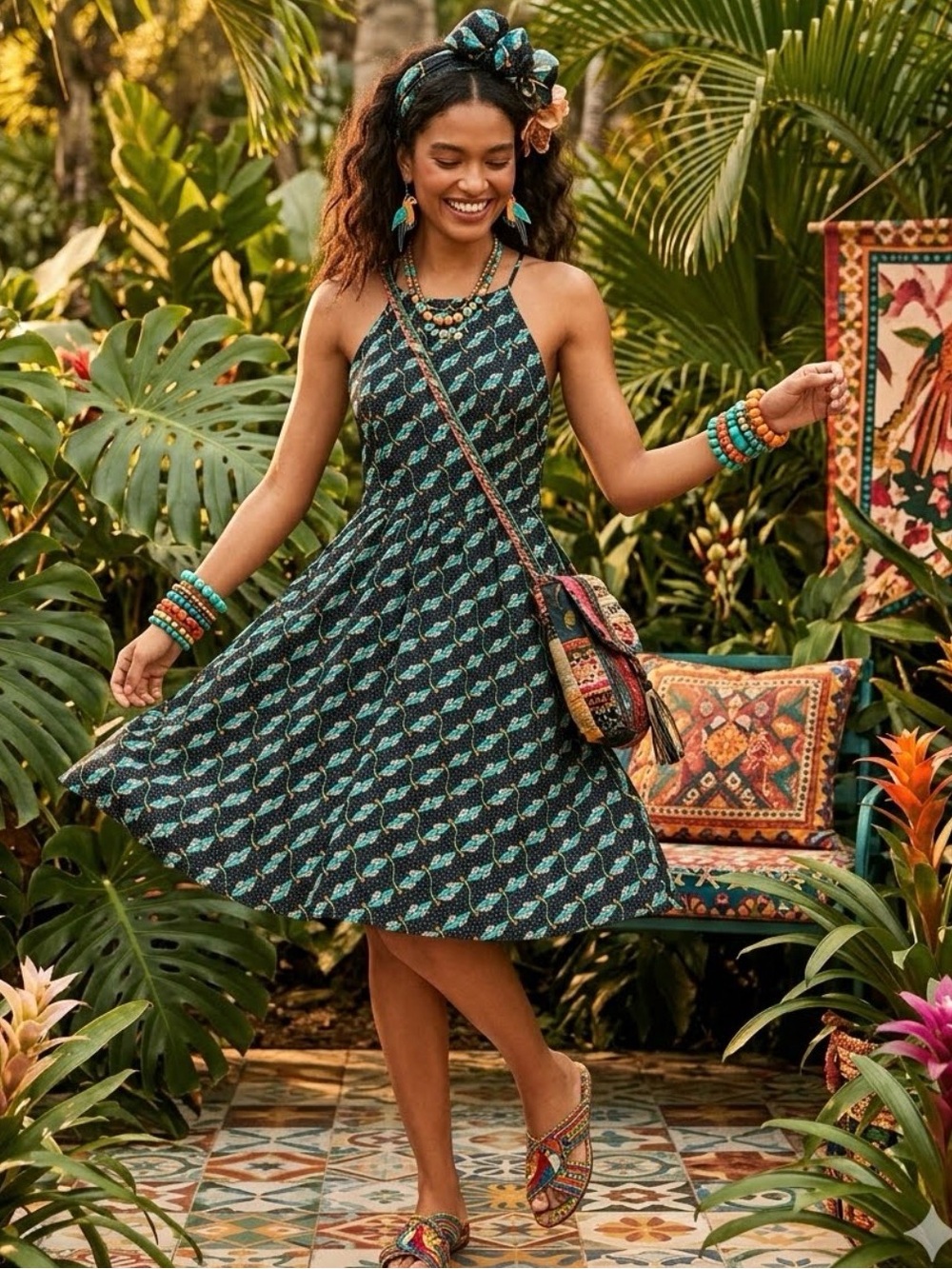 FARM RIO Black Floral Halter Mini Dress with Teal Accents